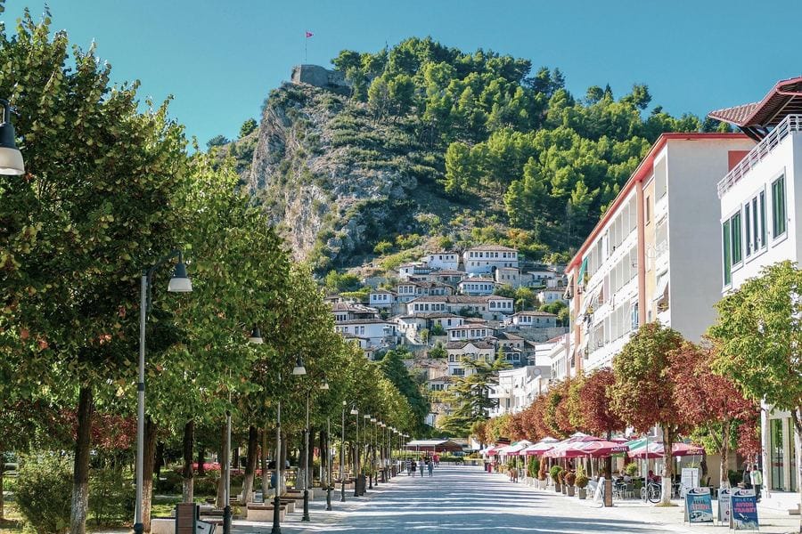 Berat Ottoman houses cascading down the hillside with windows overlooking the valley