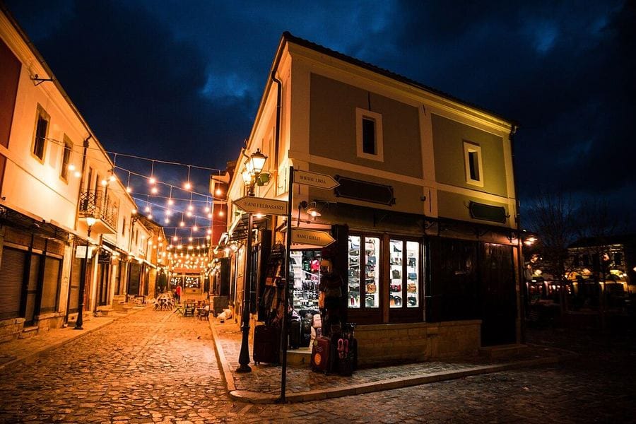 Korça old bazaar with traditional architecture and local cuisine