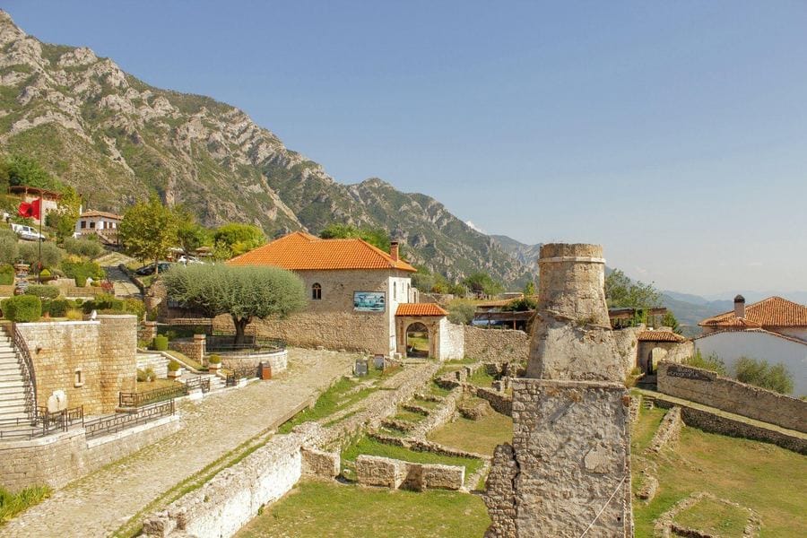 Kruja Castle and old bazaar with mountain views